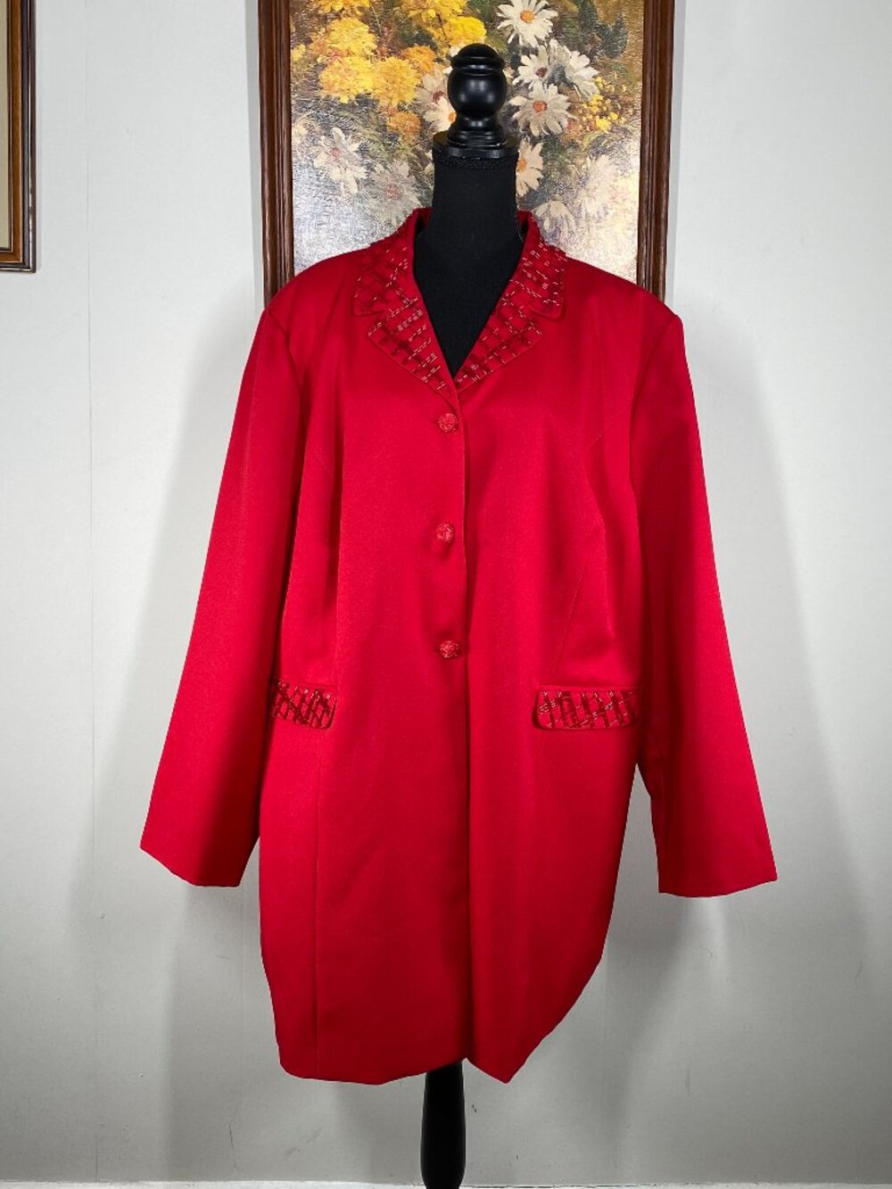 Oleg Cassini Blazer Women's 24W Notched Collar Red Beaded Office Career